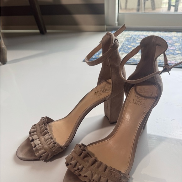 Vince Camuto Taupe Ruffle Block Heels - Picture 1 of 4